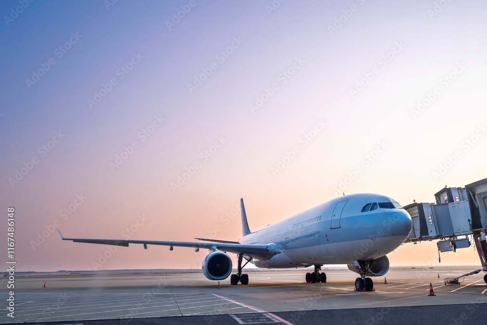 airplane jet waiting to runway on taxi lane in airport and aircraft traffic to take off with sunset background, view from window air plane