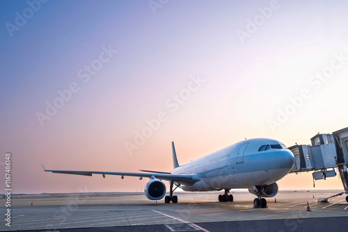 Obraz na płótnie airplane jet waiting to runway on taxi lane in airport and aircraft traffic to take off with sunset background, view from window air plane w salonie