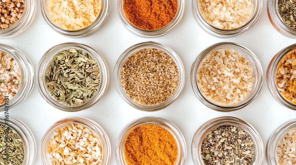 A top-view image of artisanal spice mixes in glass containers on a white background.--ar 16:9 A top-view image of artisanal spice mixes in glass containers on a white background.--ar 16:9