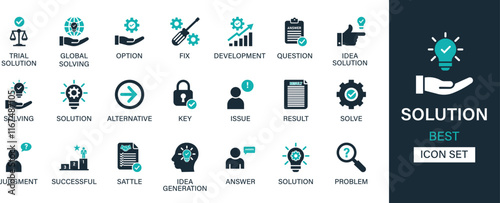 Solution icon set collection. Global solving, option, fix, development, question, idea solution, alternative, key, issue and best solid icon set.
