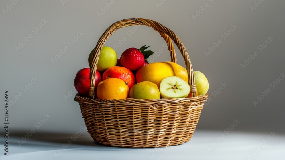 Fresh Fruits in a Basket on a Studio Table Fresh Fruits in a Basket on a Studio Table