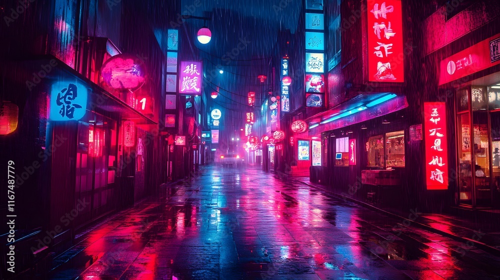 A vibrant night scene of an empty street illuminated by neon lights in a rainy urban setting. A vibrant night scene of an empty street illuminated by neon lights in a rainy urban setting.