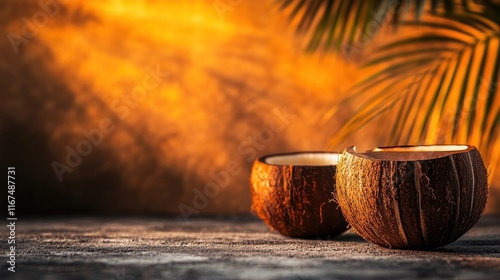 Glowing tropical sunset over a refreshing coconut cocktail drink on a rustic wooden table surrounded by lush palm leaves creating a serene and tranquil beach vacation atmosphere