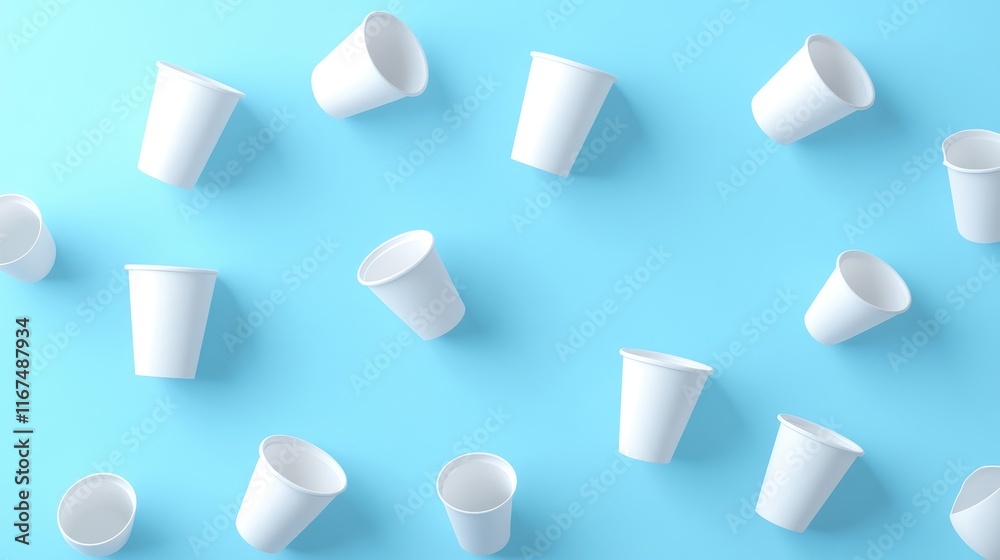 A scattered arrangement of white disposable cups on a light blue background. A scattered arrangement of white disposable cups on a light blue background.