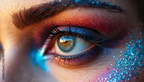 Close-up of Colorful Glitter Eye Makeup, Carnival, Celebratory and Festive Style