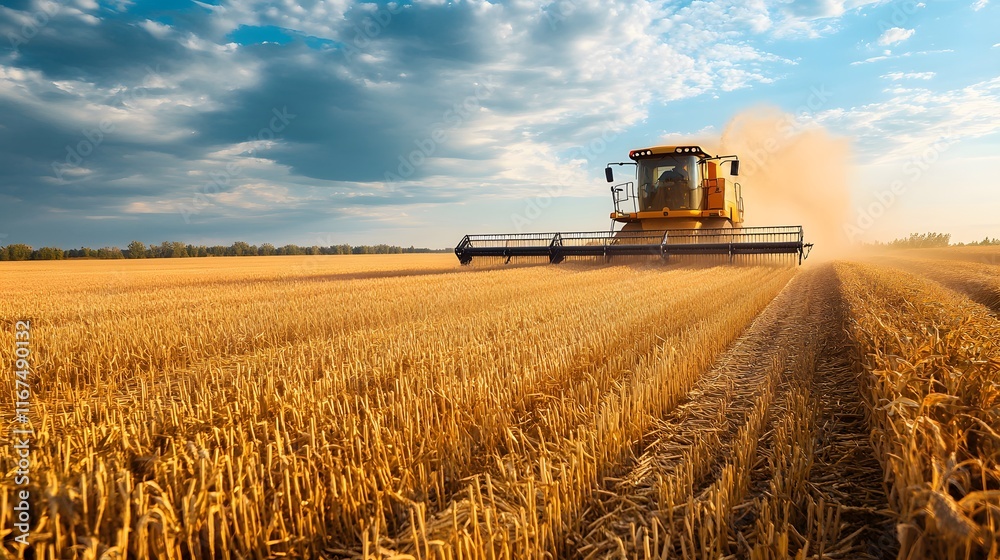 Obraz premium A powerful combine harvester working in a golden wheat field under a dramatic sky.