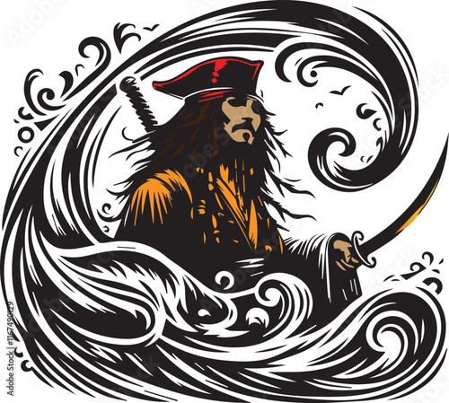 Pirate vector silhouette. Pirate with mustache and beard wearing a cocked hat