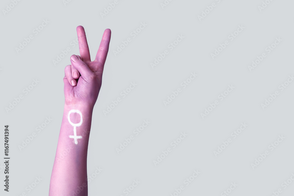 Painted hand of woman showing victory gesture on light background. Feminism concept Painted hand of woman showing victory gesture on light background. Feminism concept