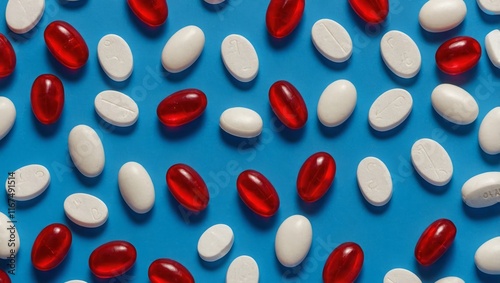 white and red pills on a blue background, space for text