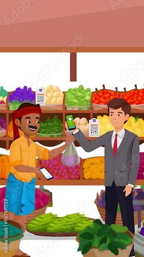 Indian vegetable vendor, selling vegetables using UPI, fresh vegetables, small business, Indian man selling vegetables, QR code scanner