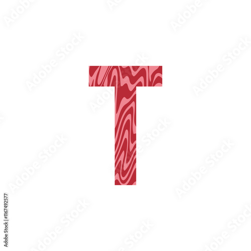 Letter T from fresh raw meat with marble. Vector latin meat alphabet.  Red tenderloin beef meat font for restaurants, butcher shop, farmers market.