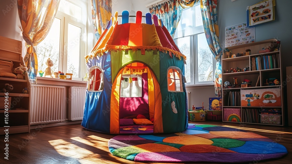Fototapeta premium A colorful play tent in a cozy, sunlit children's playroom. Wooden shelves with toys and books. Warm, inviting atmosphere. Concept of childhood joy