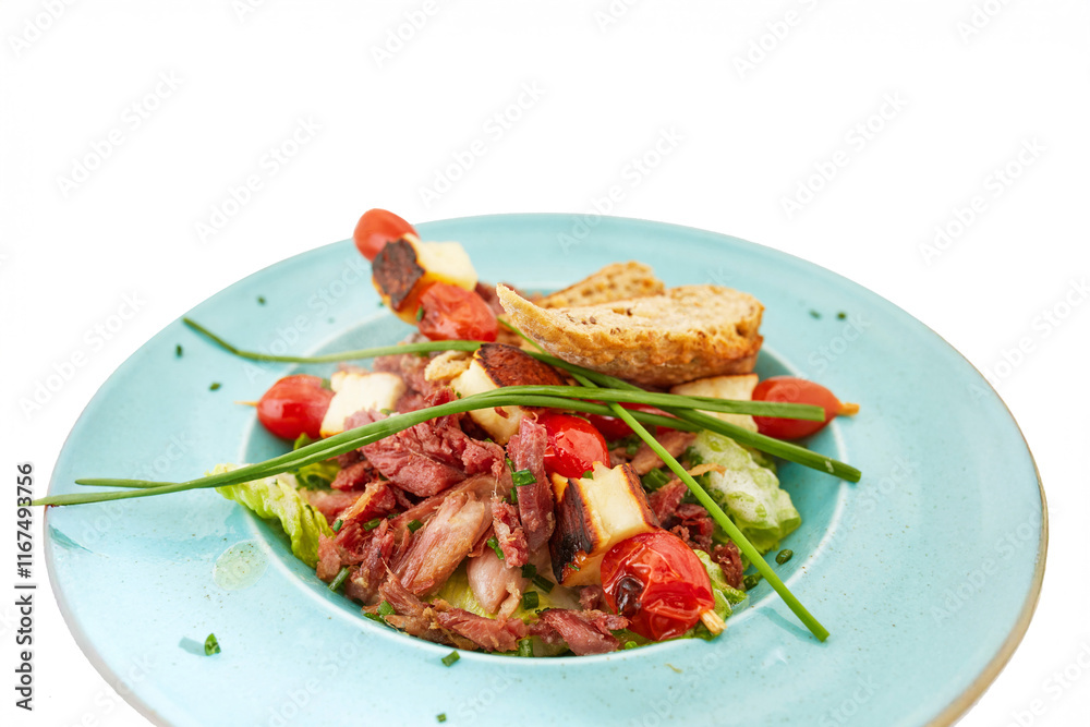 Vegetable and grilled meat salad with cheese skewers and toast. Healthy dish, organic food, White background. Vegetable and grilled meat salad with cheese skewers and toast. Healthy dish, organic food, White background.