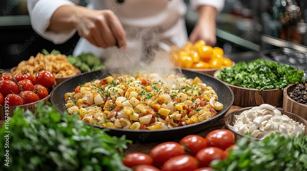 Obraz premium A chef garnishing a vibrant dish surrounded by fresh ingredients.