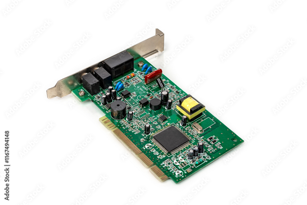 Electronic board with radio components, connectors, slots and processor chip from electronic device isolated on white background. Top view. Electronic board with radio components, connectors, slots and processor chip from electronic device isolated on white background. Top view.