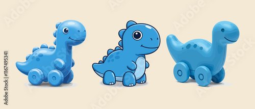 Three adorable, cartoon-style blue dinosaur toys with wheels, perfect for children's room decor, gift ideas, or educational purposes.