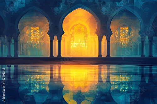 Golden Light Illuminates an Ancient Palace Reflecting in Still Water photo