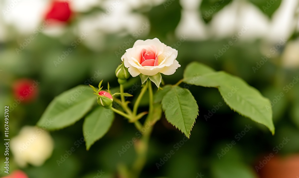 Pale rose with buds, green leaves in focus. Pale rose with buds, green leaves in focus.