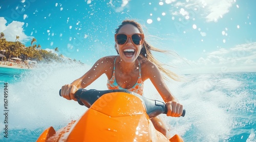 Un femme séduisante, souriante, s'amusant sur un jet ski orange, portant des lunettes de soleil. Concept d'aventure et de vacances de rêve. photo