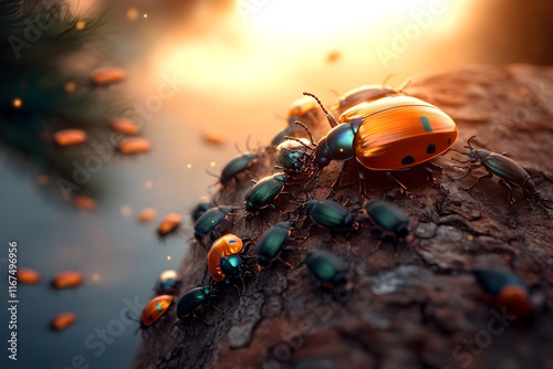 Swarm of iridescent beetles crawling and clustering on the rough bark of an ancient tree captivated by the irresistible chemical signals they follow rich tonal palette ethereal atmospheric lighting photo