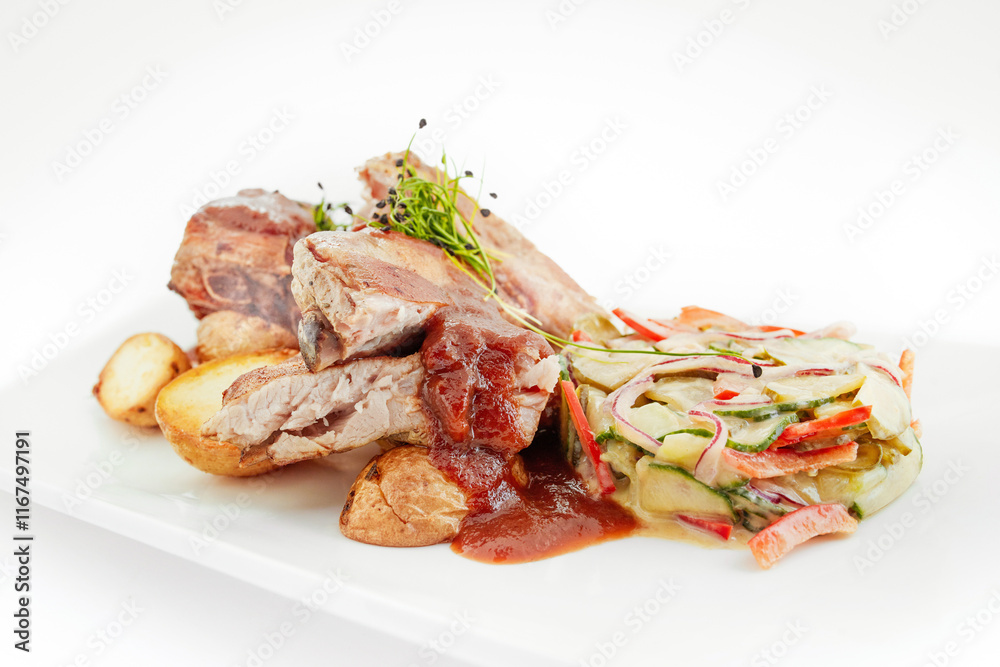 Grilled ribs, baked potatoes, pickled cucumber salad, Polish cuisine, European food, white background Grilled ribs, baked potatoes, pickled cucumber salad, Polish cuisine, European food, white background