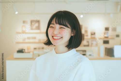 Smiling Young Woman in Minimalist Workspace with Bright Daylight and Star Reviews, Engaged with Screen in Sophisticated and Clean Atmosphere Free Download Smiling Young Woman in Minimalist Workspace with Bright Daylight and Star Reviews, Engaged with Screen in Sophisticated and Clean Atmosphere - GFXLoad