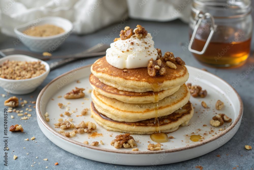 Pancake stack with whipped cream and walnuts