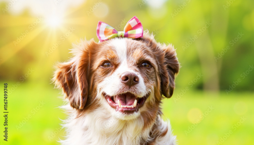 Cheerful Shih Tzu wearing a colorful bow in a sunny garden, joyfulness Cheerful Shih Tzu wearing a colorful bow in a sunny garden, joyfulness
