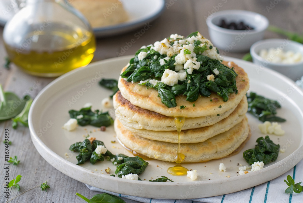 Pancakes with spinach and crumbled cheese Pancakes with spinach and crumbled cheese