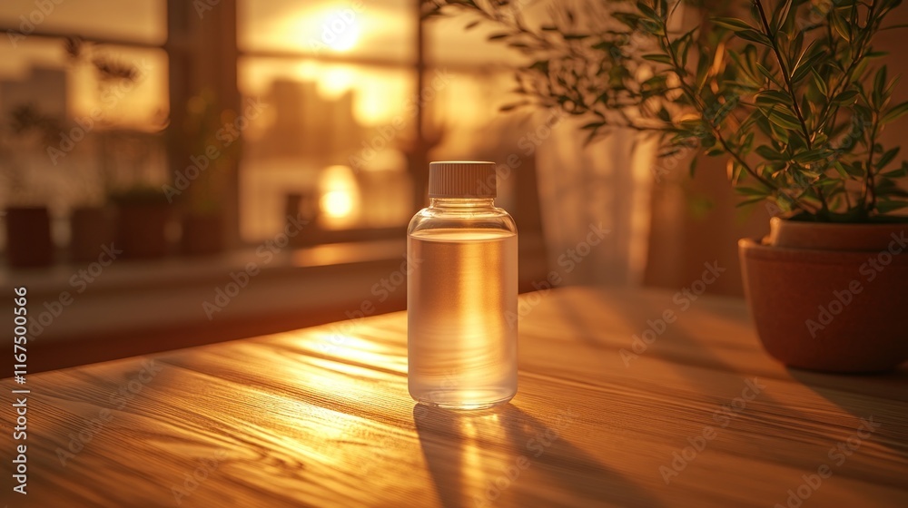 A clear bottle of water illuminated by sunset, resting on a wooden table. A clear bottle of water illuminated by sunset, resting on a wooden table.