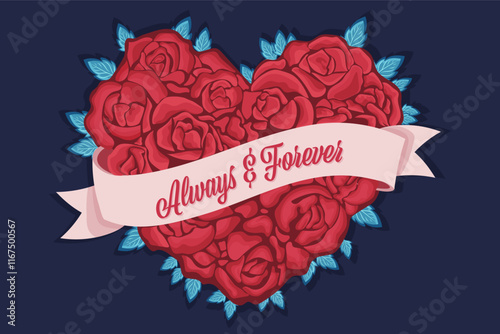 Design for Valentine's day , Heart maded with Roses and Dark Blue Background.