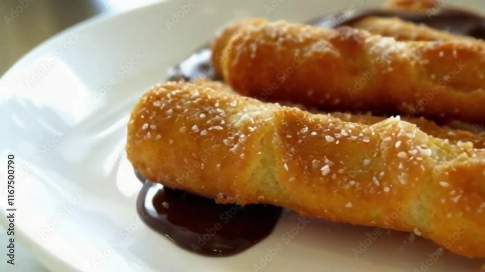 Close-up of crispy churro surface sugar catching light blurred chocolate drizzle Close-up of crispy churro surface sugar catching light blurred chocolate drizzle