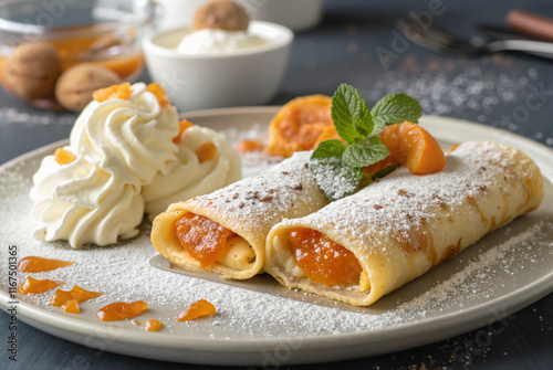 Crepes with whipped cream and apricot topping photo