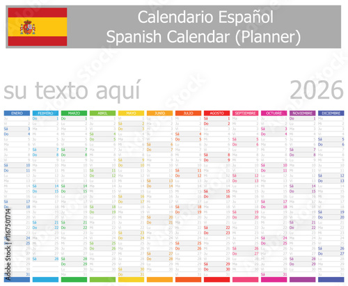 2026 Spanish Planner Calendar with Vertical Months on white background