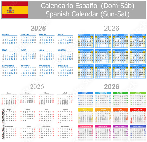 2026 Spanish Mix Calendar Sun-Sat on white background