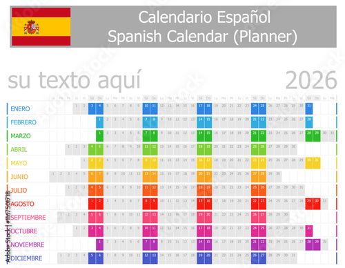 2026 Spanish Planner Calendar with Horizontal Months on white background