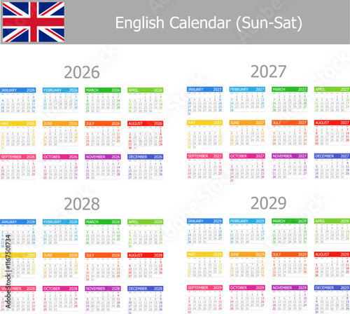 2026-2029 English Type-1 Calendar Sun-Sat on white background