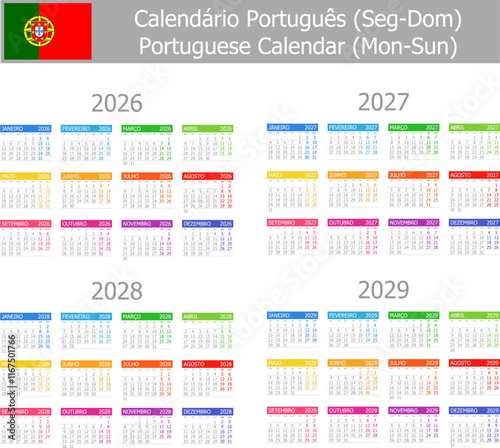 2026-2029 Portuguese Type-1 Calendar Mon-Sun on white background