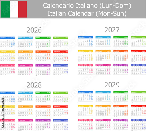 2026-2029 Italian Type-1 Calendar Mon-Sun on white background