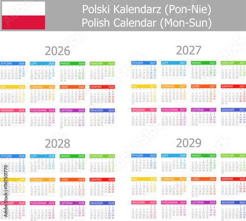 2026-2029 Polish Type-1 Calendar Mon-Sun on white background