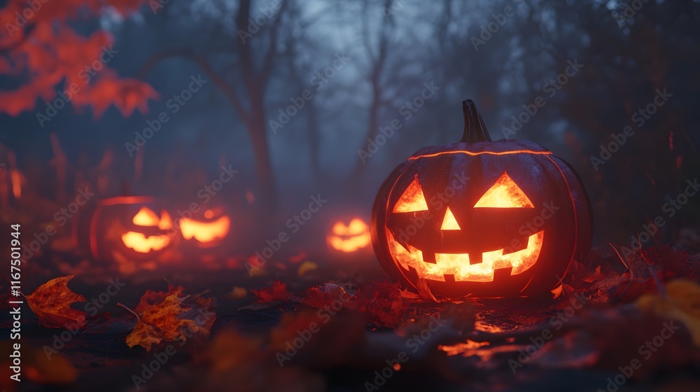 Illuminated Jackolanterns Amidst Autumn Leaves in a Dark Forest
