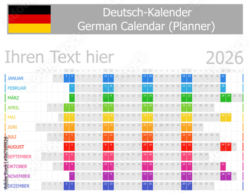 2026 German Planner Calendar with Horizontal Months on white background
