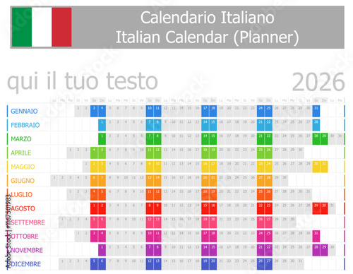 2026 Italian Planner Calendar with Horizontal Months on white background