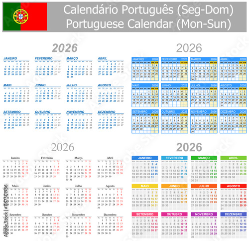 2026 Portuguese Mix Calendar Mon-Sun on white background