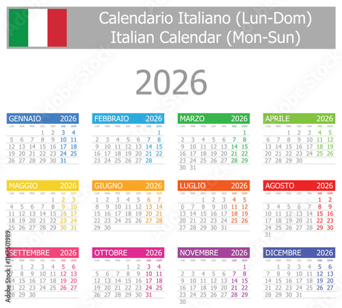 2026 Italian Type-1 Calendar Mon-Sun on white background