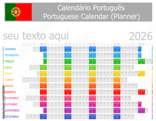 2026 Portuguese Planner Calendar with Horizontal Months on white background
