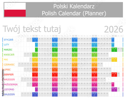 2026 Polish Planner Calendar with Horizontal Months on white background