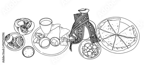 Traditional food of Dagestan and Caucasian people, khachapuri, khinkal, jar in minimalistic vector line illustration set. Vector illustration