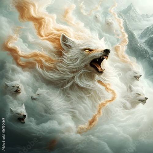 A pack of ferocious wolf like creatures marking their territory with ominous pheromone trails their fur bristling with warning in a dramatic muted color palette mountain landscape photo