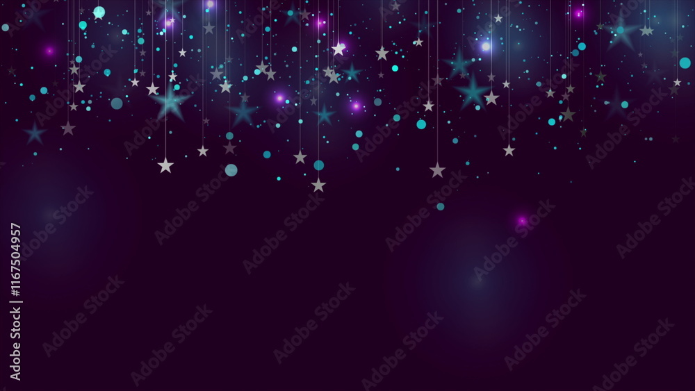 Obraz premium Silver hanging stars and neon shiny particles abstract background